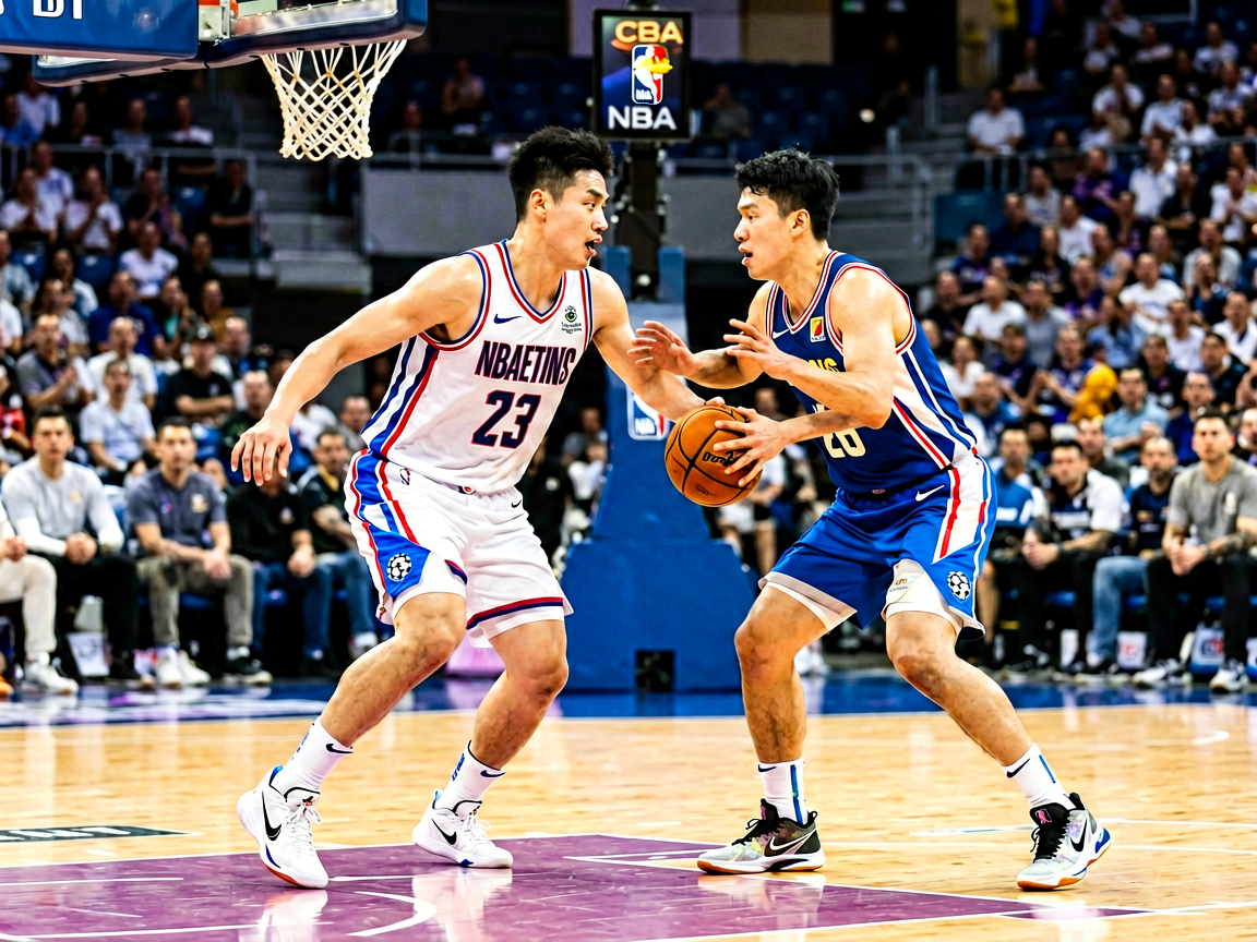 篮球比赛现场，球员在球场上激烈对抗