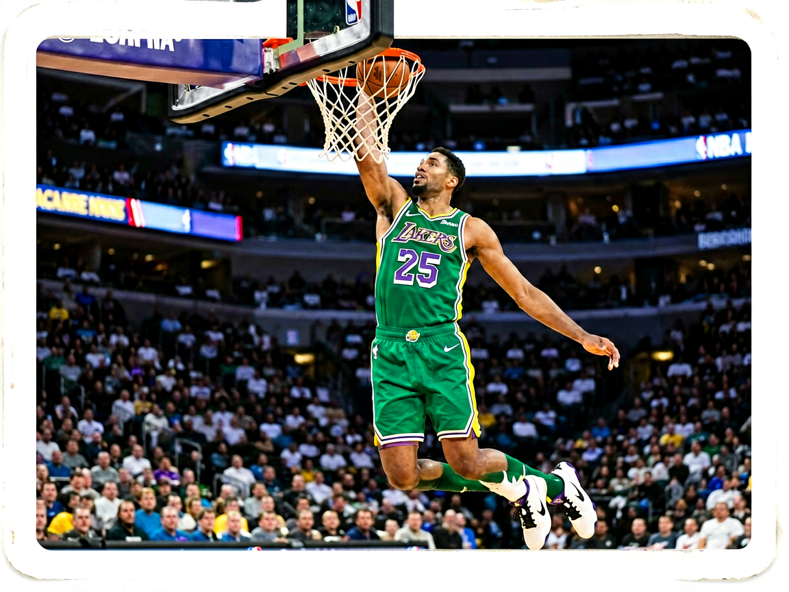 NBA篮球比赛精彩扣篮瞬间，球员在空中完成灌篮